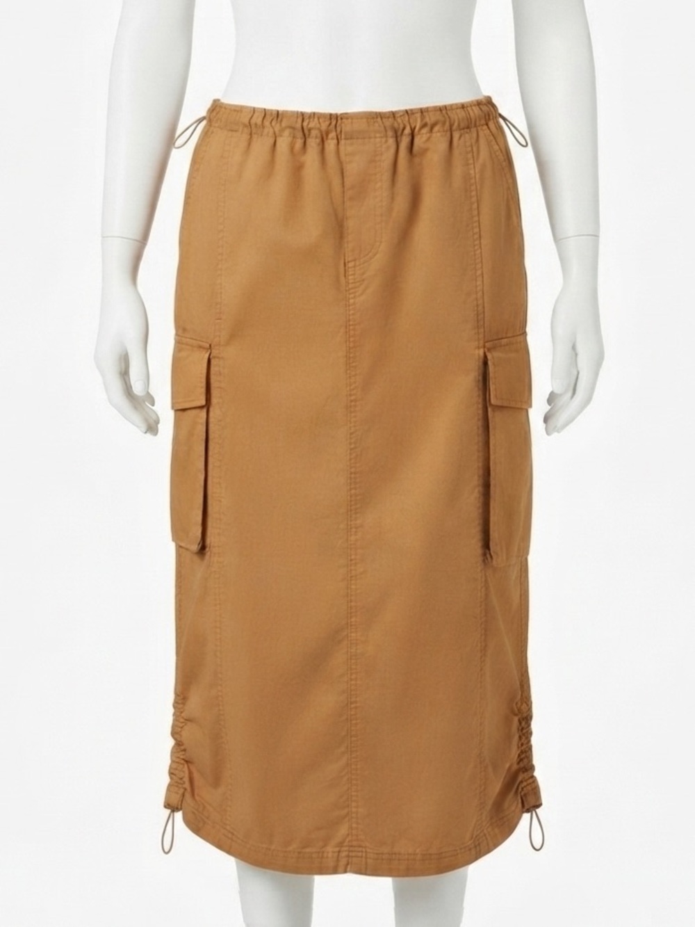 Y2K Utility Cargo Maxi Skirt | Camel Brown Drawstring Hem | Size Large